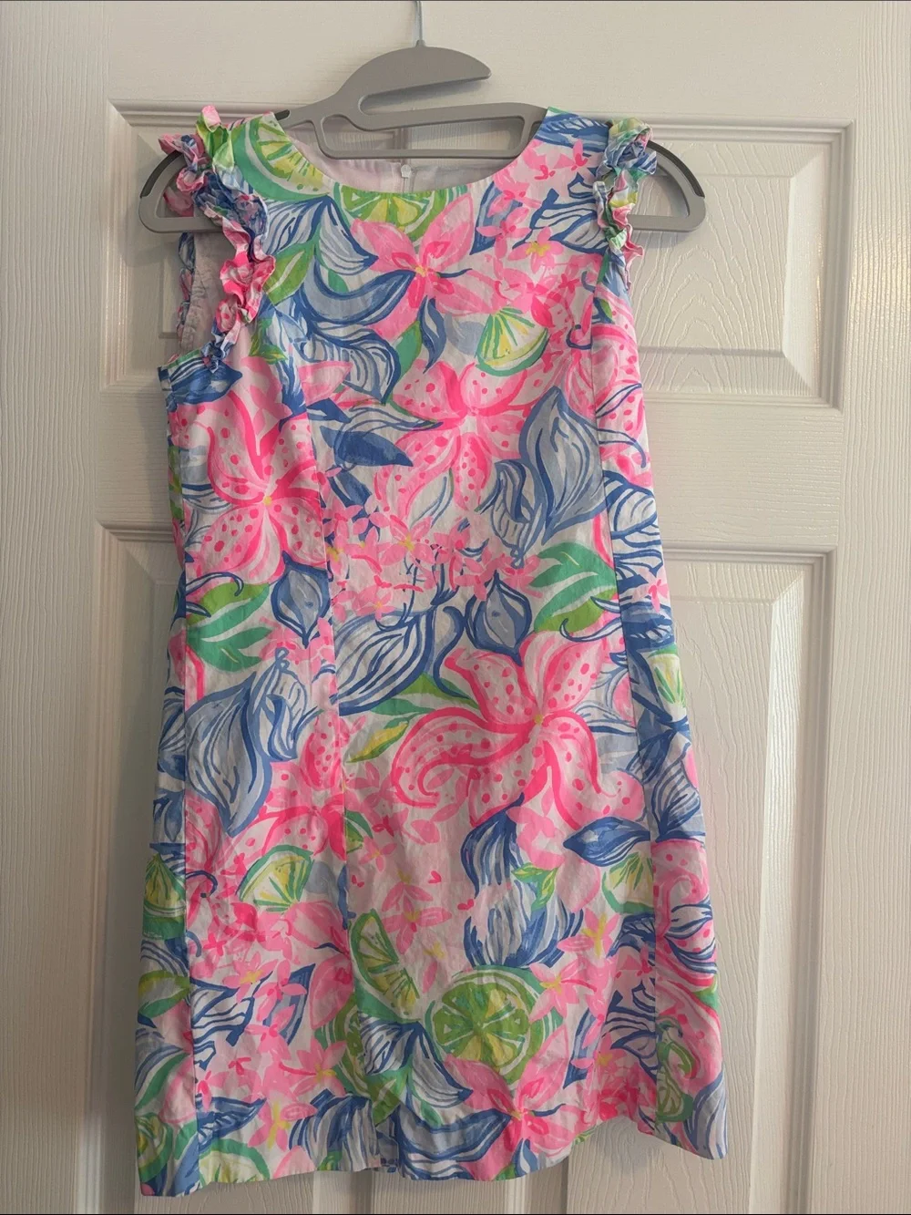 Lilly Pulitzer Pink Blue Green Floral Ruffle-Sleeve Shift Dress